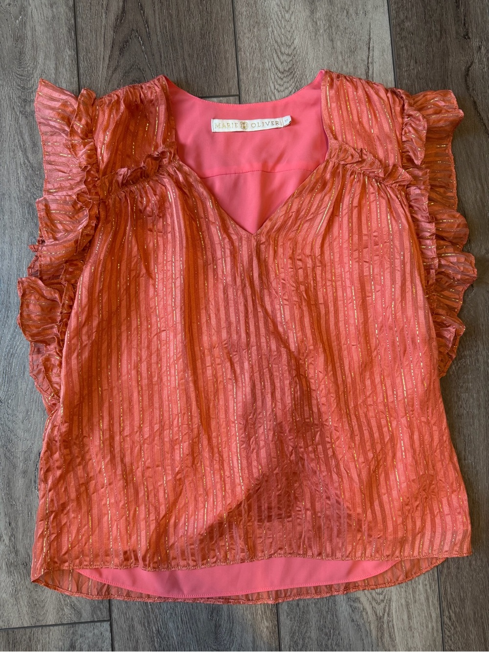 Marie Oliver- Phoebe Blouse- Silk- Coral Metallic Stripe Ruffle- As Seen on Y&R